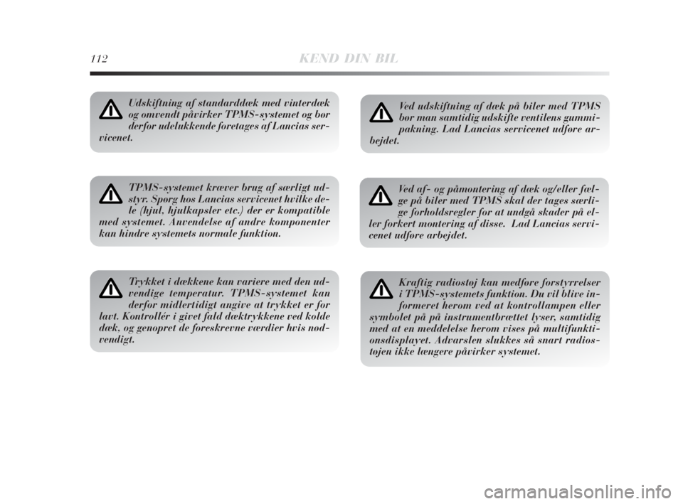 Lancia Delta 2009  Brugs- og vedligeholdelsesvejledning (in Danish) 112KEND DIN BIL
Udskiftning af standarddæk med vinterdæk
og omvendt påvirker TPMS-systemet og bør
derfor udelukkende foretages af Lancias ser-
vicenet.
TPMS-systemet kræver brug af særligt ud-
s