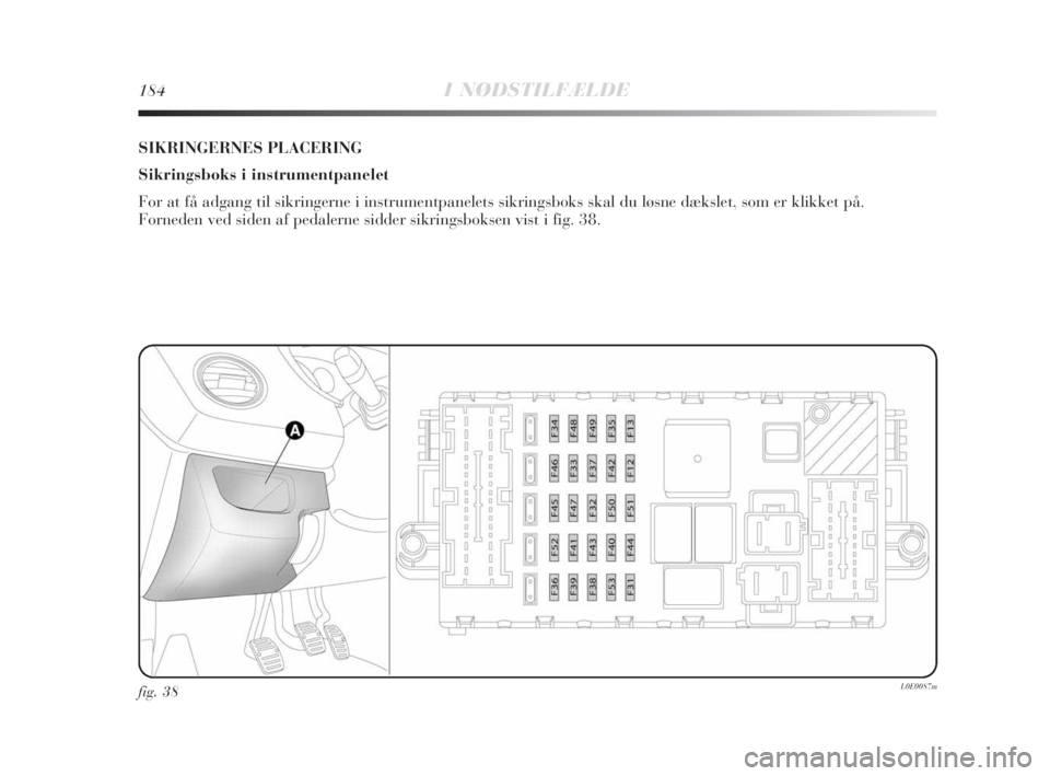 Lancia Delta 2008  Brugs- og vedligeholdelsesvejledning (in Danish) 184I NØDSTILFÆLDE
fig. 38L0E0087m
SIKRINGERNES PLACERING
Sikringsboks i instrumentpanelet
For at få adgang til sikringerne i instrumentpanelets sikringsboks skal du løsne dækslet, som er klikket 