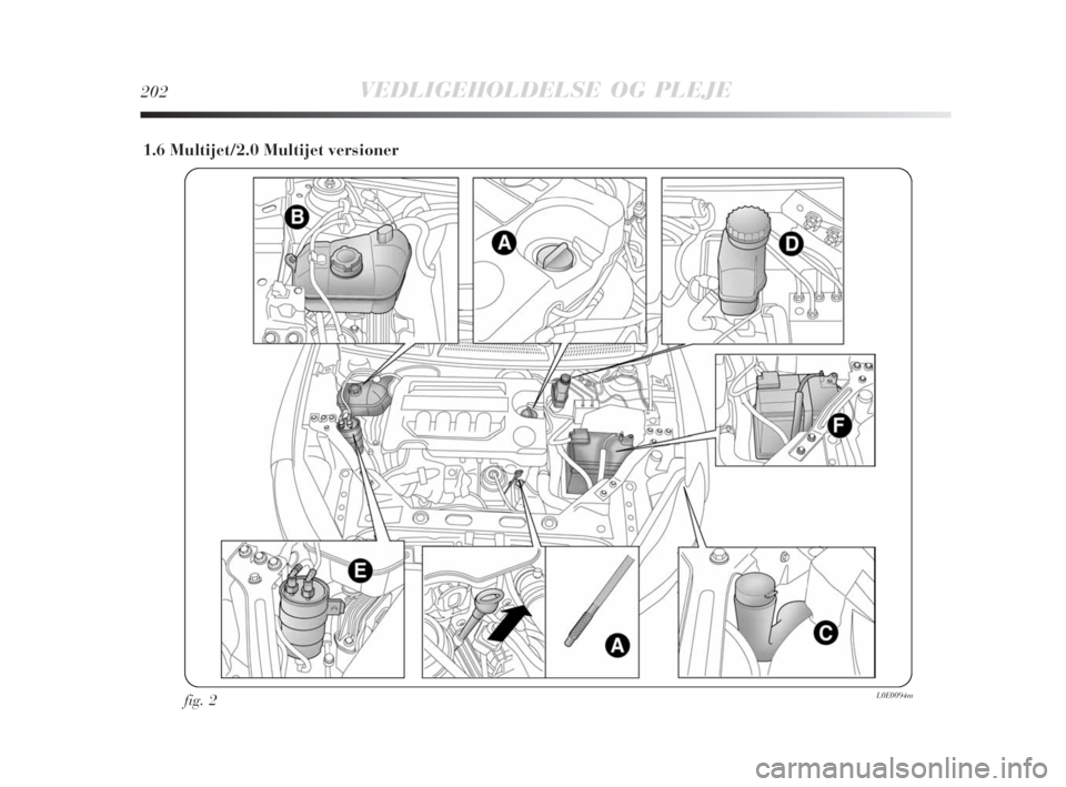 Lancia Delta 2008 Brugs- og vedligeholdelsesvejledning (in Danish) 202VEDLIGEHOLDELSE OG PLEJE
1.6 Multijet/2.0 Multijet versioner
fig. 2L0E0094m
193-220 Delta 2ed DAN 20-09-2008 10:26 Pagina 202 Lancia Delta 2008 Brugs- og vedligeholdelsesvejledning (in Danish) 202VEDLIGEHOLDELSE OG PLEJE
1.6 Multijet/2.0 Multijet versioner
fig. 2L0E0094m
193-220 Delta 2ed DAN 20-09-2008 10:26 Pagina 202