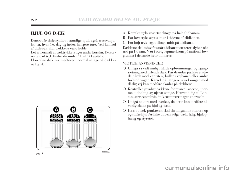 Lancia Delta 2009  Brugs- og vedligeholdelsesvejledning (in Danish) 212VEDLIGEHOLDELSE OG PLEJE
HJUL OG DÆK
Kontrollér dæktrykket i samtlige hjul, også reservehju-
let, ca. hver 14. dag og inden længere ture. Ved kontrol
af dæktryk skal dækkene være kolde.
Det