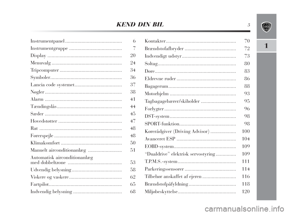Lancia Delta 2009  Brugs- og vedligeholdelsesvejledning (in Danish) KEND DIN BIL5
1
Instrumentpanel.......................................... 6
Instrumentgruppe....................................... 7
Display....................................................... 20
