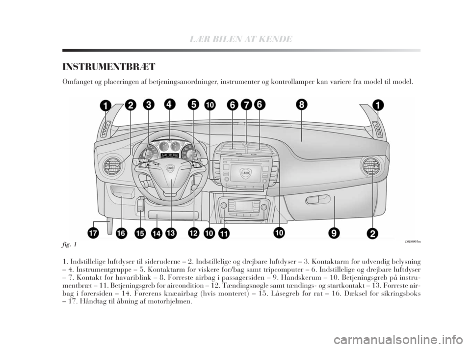Lancia Delta 2010  Brugs- og vedligeholdelsesvejledning (in Danish) LÆR BILEN AT KENDE
INSTRUMENTBRÆT
Omfanget og placeringen af betjeningsanordninger, instrumenter og kontrollamper kan variere fra model til model.
1. Indstillelige luftdyser til sideruderne – 2. I