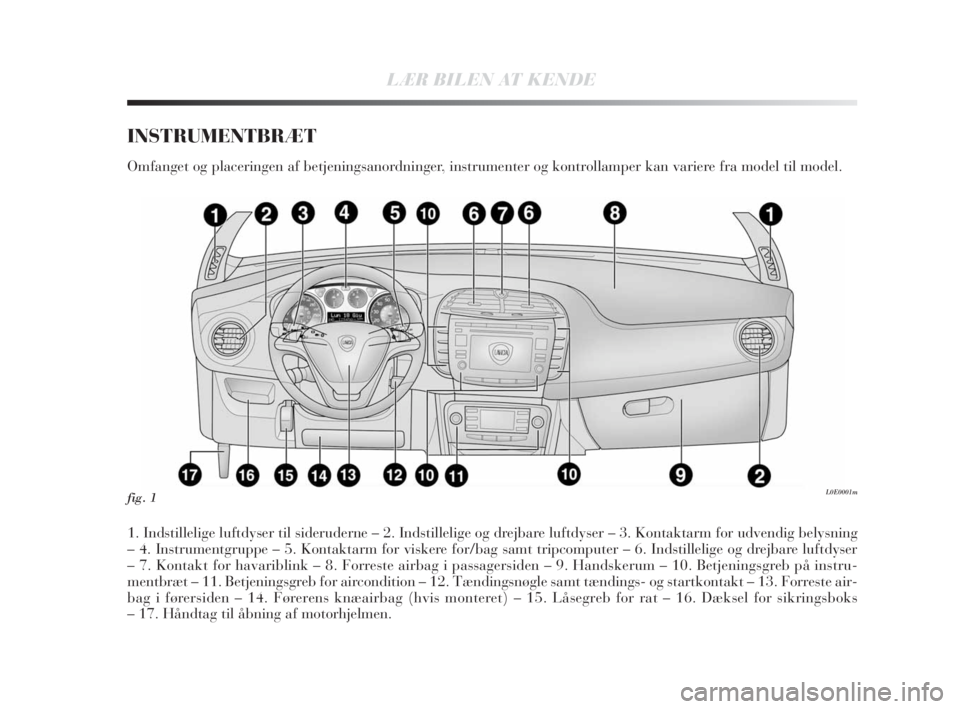 Lancia Delta 2010  Brugs- og vedligeholdelsesvejledning (in Danish) LÆR BILEN AT KENDE
INSTRUMENTBRÆT
Omfanget og placeringen af betjeningsanordninger, instrumenter og kontrollamper kan variere fra model til model.
1. Indstillelige luftdyser til sideruderne – 2. I