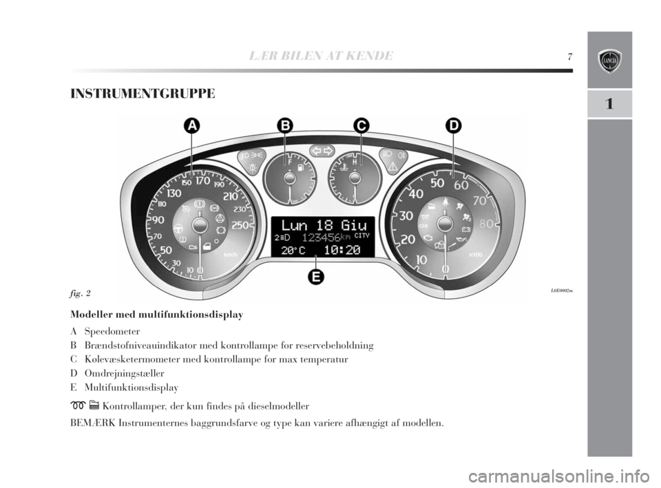 Lancia Delta 2010  Brugs- og vedligeholdelsesvejledning (in Danish) 1
LÆR BILEN AT KENDE7
INSTRUMENTGRUPPE
Modeller med multifunktionsdisplay
A Speedometer
B Brændstofniveauindikator med kontrollampe for reservebeholdning
C Kølevæsketermometer med kontrollampe for