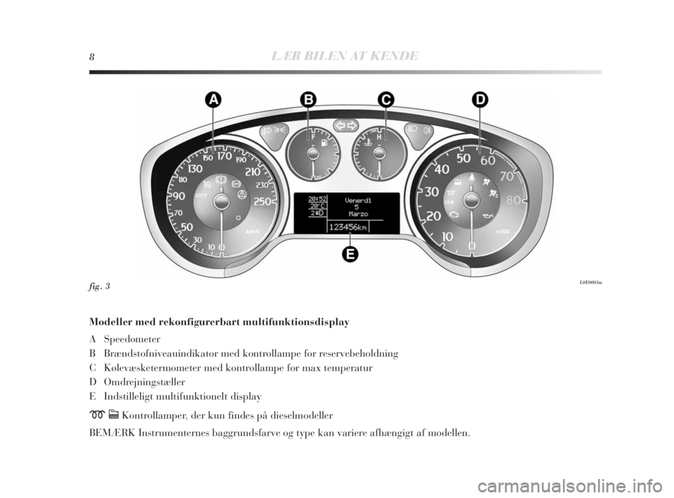 Lancia Delta 2010  Brugs- og vedligeholdelsesvejledning (in Danish) 8LÆR BILEN AT KENDE
Modeller med rekonfigurerbart multifunktionsdisplay 
A Speedometer
B Brændstofniveauindikator med kontrollampe for reservebeholdning
C Kølevæsketermometer med kontrollampe for 