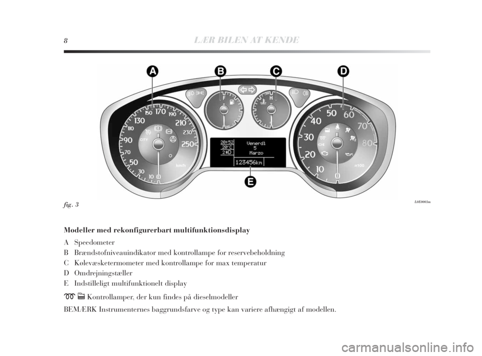 Lancia Delta 2010 Brugs- og vedligeholdelsesvejledning (in Danish) 8LÆR BILEN AT KENDE
Modeller med rekonfigurerbart multifunktionsdisplay
A Speedometer
B Brændstofniveauindikator med kontrollampe for reservebeholdning
C Kølevæsketermometer med kontrollampe for Lancia Delta 2010 Brugs- og vedligeholdelsesvejledning (in Danish) 8LÆR BILEN AT KENDE
Modeller med rekonfigurerbart multifunktionsdisplay
A Speedometer
B Brændstofniveauindikator med kontrollampe for reservebeholdning
C Kølevæsketermometer med kontrollampe for