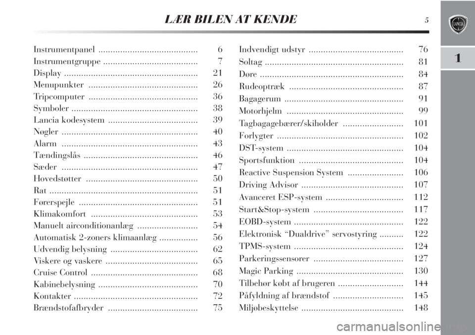 Lancia Delta 2011  Brugs- og vedligeholdelsesvejledning (in Danish) LÆR BILEN AT KENDE5
1
Instrumentpanel ......................................... 6
Instrumentgruppe ....................................... 7
Display ..................................................