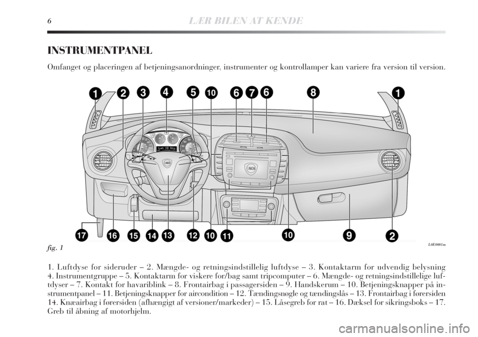 Lancia Delta 2011  Brugs- og vedligeholdelsesvejledning (in Danish) 6LÆR BILEN AT KENDE
INSTRUMENTPANEL
Omfanget og placeringen af betjeningsanordninger, instrumenter og kontrollamper kan variere fra version til version.
1. Luftdyse for sideruder – 2. Mængde- og r