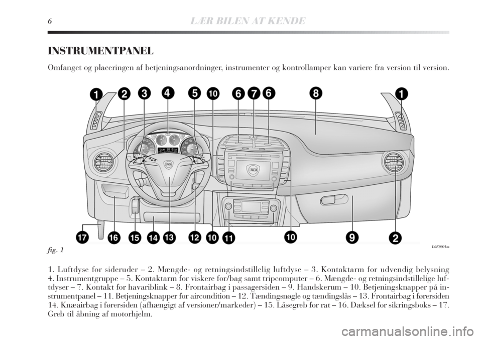 Lancia Delta 2011  Brugs- og vedligeholdelsesvejledning (in Danish) 6LÆR BILEN AT KENDE
INSTRUMENTPANEL
Omfanget og placeringen af betjeningsanordninger, instrumenter og kontrollamper kan variere fra version til version.
1. Luftdyse for sideruder – 2. Mængde- og r