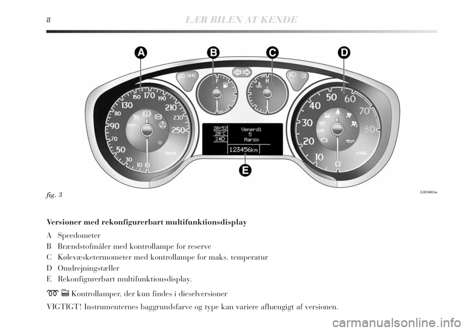 Lancia Delta 2011 Brugs- og vedligeholdelsesvejledning (in Danish) 8LÆR BILEN AT KENDE
Versioner med rekonfigurerbart multifunktionsdisplay
A Speedometer
B Brændstofmåler med kontrollampe for reserve
C Kølevæsketermometer med kontrollampe for maks. temperatur
D Lancia Delta 2011 Brugs- og vedligeholdelsesvejledning (in Danish) 8LÆR BILEN AT KENDE
Versioner med rekonfigurerbart multifunktionsdisplay
A Speedometer
B Brændstofmåler med kontrollampe for reserve
C Kølevæsketermometer med kontrollampe for maks. temperatur
D