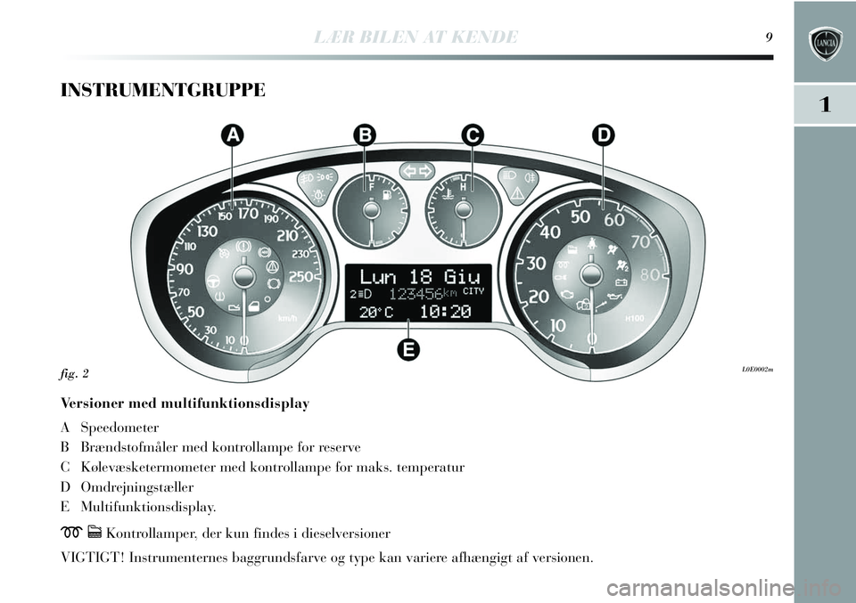 Lancia Delta 2012 Brugs- og vedligeholdelsesvejledning (in Danish) INSTRUMENTGRUPPE
Versioner med multifunktionsdisplay
A Speedometer
B Brændstofmåler med kontrollampe for reserve
C Kølevæsketermometer med kontrollampe for maks. temperatur
D Omdrejningstæller
E Lancia Delta 2012 Brugs- og vedligeholdelsesvejledning (in Danish) INSTRUMENTGRUPPE
Versioner med multifunktionsdisplay
A Speedometer
B Brændstofmåler med kontrollampe for reserve
C Kølevæsketermometer med kontrollampe for maks. temperatur
D Omdrejningstæller
E