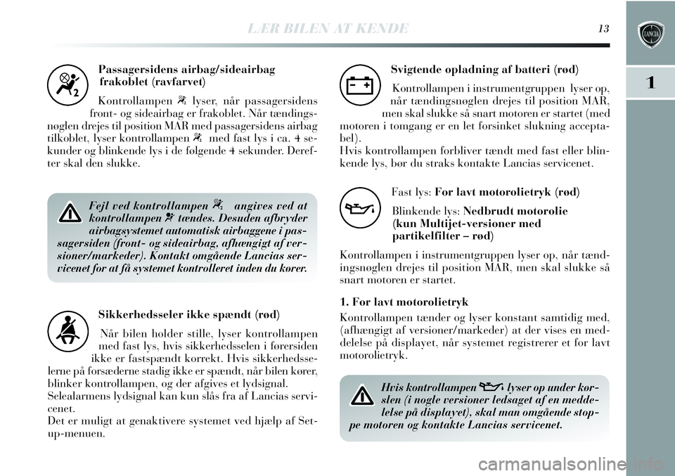 Lancia Delta 2013  Brugs- og vedligeholdelsesvejledning (in Danish) LÆR BILEN AT KENDE13
1
Passagersidens airbag/sideairbag
frakoblet (ravfarvet)
Kontrollampen 
“lyser, når passagersidens
front- og sideairbag er frakoblet. Når tændings-
nøglen drejes til positi