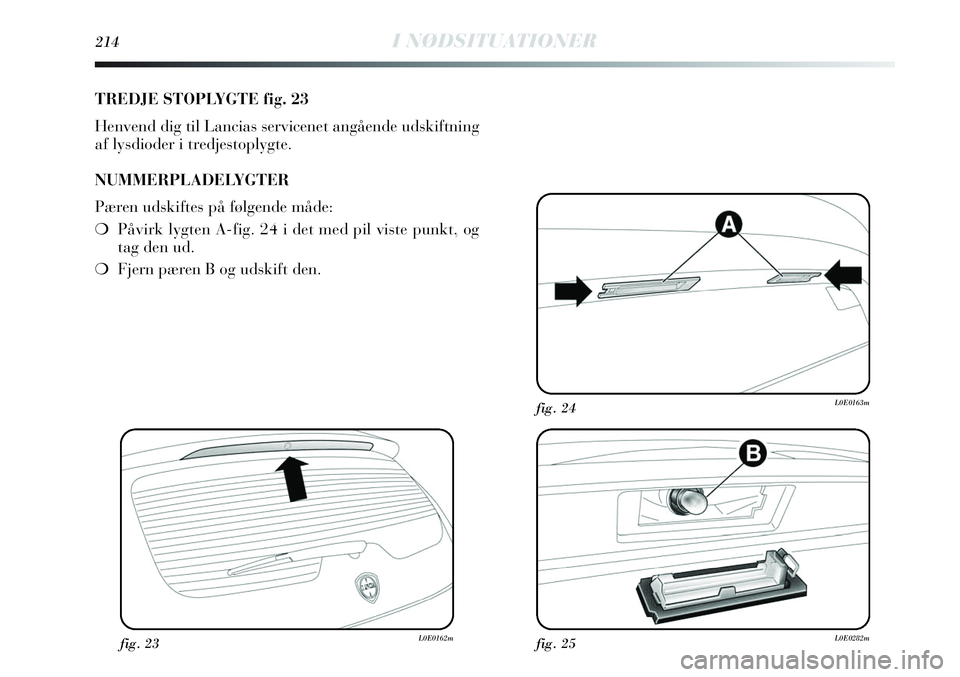 Lancia Delta 2013  Brugs- og vedligeholdelsesvejledning (in Danish) 214I NØDSITUATIONER
TREDJE STOPLYGTE fig. 23
Henvend dig til Lancias servicenet angående udskiftning
af lysdioder i tredjestoplygte.
NUMMERPLADELYGTER
Pæren udskiftes på følgende måde:
❍Påvir