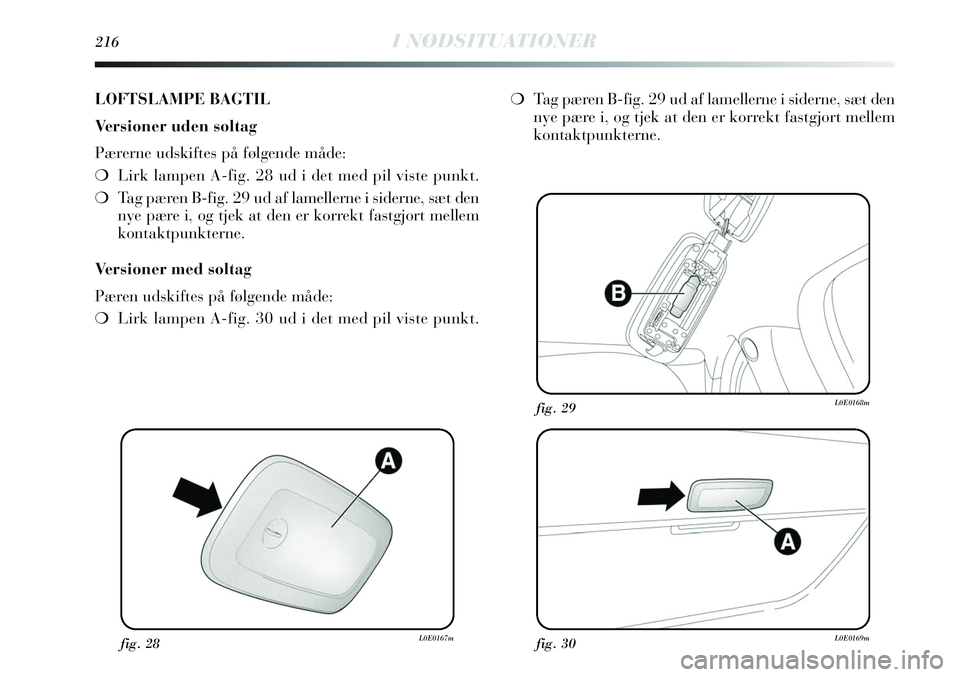 Lancia Delta 2013  Brugs- og vedligeholdelsesvejledning (in Danish) 216I NØDSITUATIONER
fig. 28L0E0167mfig. 30L0E0169m
fig. 29L0E0168m
LOFTSLAMPE BAGTIL
Versioner uden soltag
Pærerne udskiftes på følgende måde:
❍Lirk lampen A-fig. 28 ud i det med pil viste punk