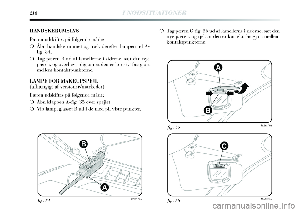 Lancia Delta 2013  Brugs- og vedligeholdelsesvejledning (in Danish) 218I NØDSITUATIONER
fig. 34L0E0173mfig. 36L0E0175m
fig. 35L0E0174m
HANDSKERUMSLYS
Pæren udskiftes på følgende måde:
❍Åbn handskerummet og træk derefter lampen ud A-
fig. 34.
❍Tag pæren B u