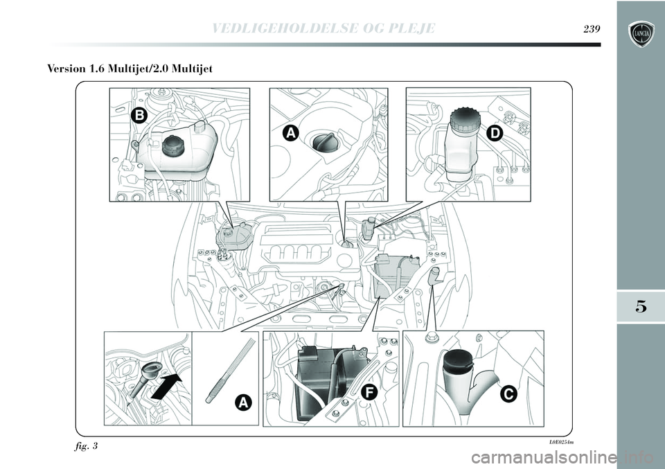 Lancia Delta 2013 Brugs- og vedligeholdelsesvejledning (in Danish) VEDLIGEHOLDELSE OG PLEJE239
5
Version 1.6 Multijet/2.0 Multijet
fig. 3L0E0254m Lancia Delta 2013 Brugs- og vedligeholdelsesvejledning (in Danish) VEDLIGEHOLDELSE OG PLEJE239
5
Version 1.6 Multijet/2.0 Multijet
fig. 3L0E0254m