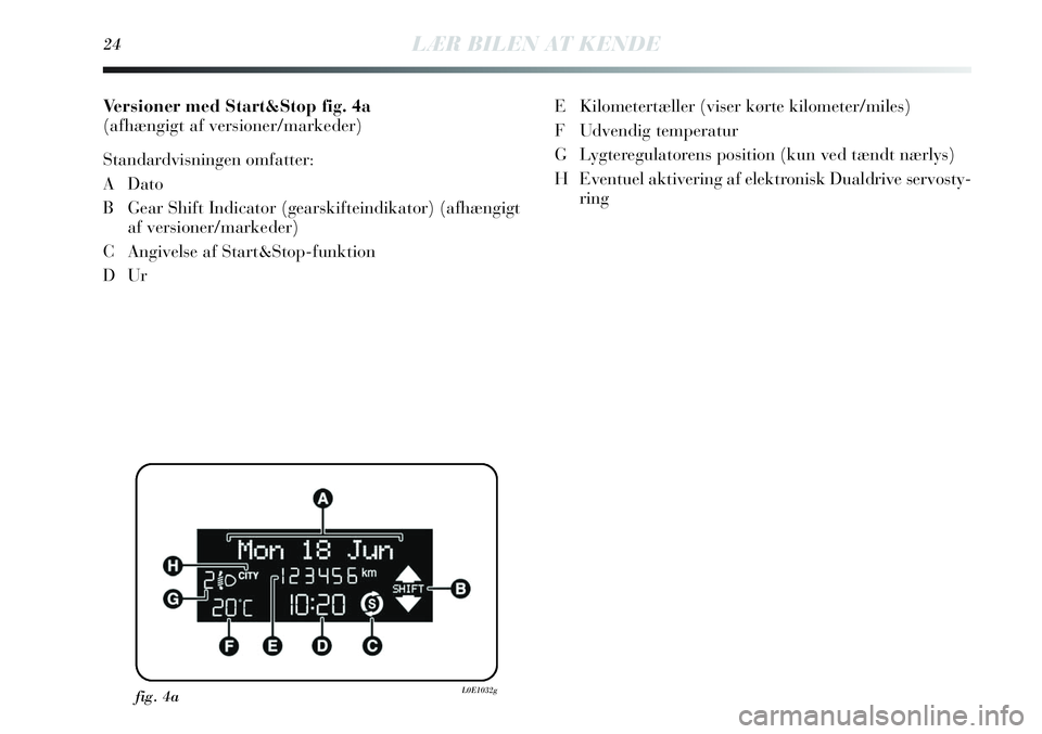 Lancia Delta 2013  Brugs- og vedligeholdelsesvejledning (in Danish) 24LÆR BILEN AT KENDE
Versioner med Start&Stop fig. 4a
(afhængigt af versioner/markeder)
Standardvisningen omfatter:
A Dato
B Gear Shift Indicator (gearskifteindikator) (afhængigt
af versioner/marke
