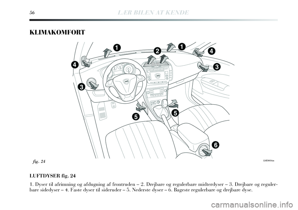 Lancia Delta 2013 Brugs- og vedligeholdelsesvejledning (in Danish) 56LÆR BILEN AT KENDE
KLIMAKOMFORT
LUFTDYSER fig. 24
1. Dyser til afrimning og afdugning af frontruden – 2. Drejbare og regulerbare midterdyser – 3. Drejbare og reguler-
bare sidedyser – 4. Fast Lancia Delta 2013 Brugs- og vedligeholdelsesvejledning (in Danish) 56LÆR BILEN AT KENDE
KLIMAKOMFORT
LUFTDYSER fig. 24
1. Dyser til afrimning og afdugning af frontruden – 2. Drejbare og regulerbare midterdyser – 3. Drejbare og reguler-
bare sidedyser – 4. Fast
