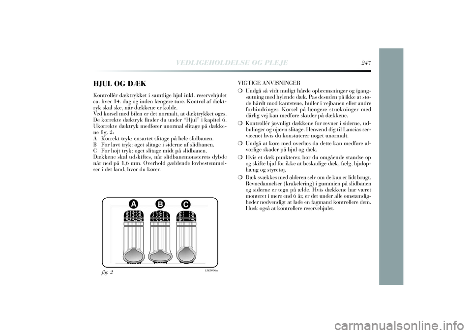 Lancia Delta 2014  Brugs- og vedligeholdelsesvejledning (in Danish) HJUL OG DÆKKontrollér dæktrykket i samtlige hjul inkl. reservehjulet
ca. hver 14. dag og inden længere ture. Kontrol af dækt-
ryk skal ske, når dækkene er kolde.
Ved kørsel med bilen er det no