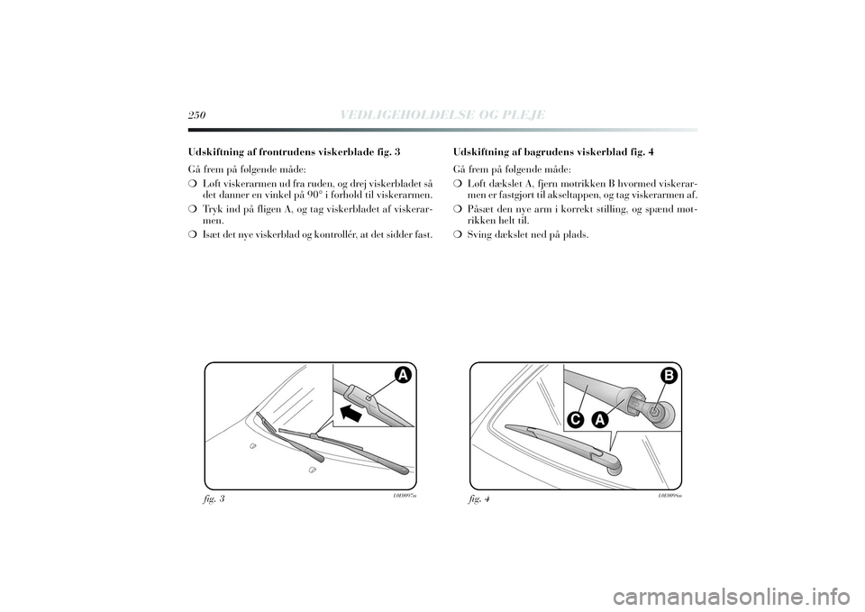 Lancia Delta 2014  Brugs- og vedligeholdelsesvejledning (in Danish) 250
VEDLIGEHOLDELSE OG PLEJE
Udskiftning af frontrudens viskerblade fig. 3
Gå frem på følgende måde:
❍Løft viskerarmen ud fra ruden, og drej viskerbladet så
det danner en vinkel på 90° i for