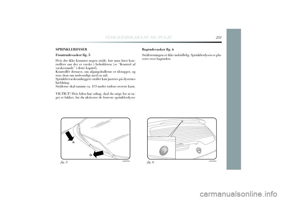 Lancia Delta 2014  Brugs- og vedligeholdelsesvejledning (in Danish) SPRINKLERDYSER
Frontrudevasker fig. 5
Hvis der ikke kommer nogen stråle, bør man først kon-
trollere om der er væske i beholderen (se “Kontrol af
væskestande” i dette kapitel).
Kontrollér de