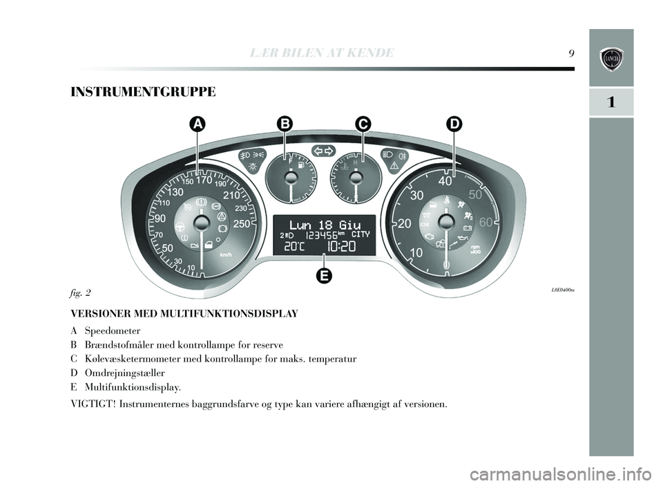 Lancia Delta 2015 Brugs- og vedligeholdelsesvejledning (in Danish) 1
LÆR BILEN AT KENDE9
INSTRUMENTGRUPPE
VERSIONER MED MULTIFUNKTIONSDISPLAY
A Speedometer
BBr ænds tofmåler med kontrollampe for re serve
C Kølevæsketermometer med kontrollampe for mak s. temperat Lancia Delta 2015 Brugs- og vedligeholdelsesvejledning (in Danish) 1
LÆR BILEN AT KENDE9
INSTRUMENTGRUPPE
VERSIONER MED MULTIFUNKTIONSDISPLAY
A Speedometer
BBr ænds tofmåler med kontrollampe for re serve
C Kølevæsketermometer med kontrollampe for mak s. temperat