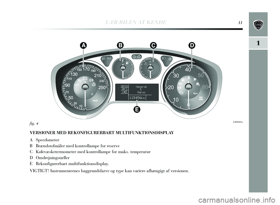 Lancia Delta 2015 Brugs- og vedligeholdelsesvejledning (in Danish) LÆR BILEN AT KENDE11
1
VERSIONER MED REKONFIGURERBART MULTIFUNKTIONSDISPLAY
A Speedometer
BBr ænds tofmåler med kontrollampe for re serve
C Kølevæsketermometer med kontrollampe for mak s. temper Lancia Delta 2015 Brugs- og vedligeholdelsesvejledning (in Danish) LÆR BILEN AT KENDE11
1
VERSIONER MED REKONFIGURERBART MULTIFUNKTIONSDISPLAY
A Speedometer
BBr ænds tofmåler med kontrollampe for re serve
C Kølevæsketermometer med kontrollampe for mak s. temper