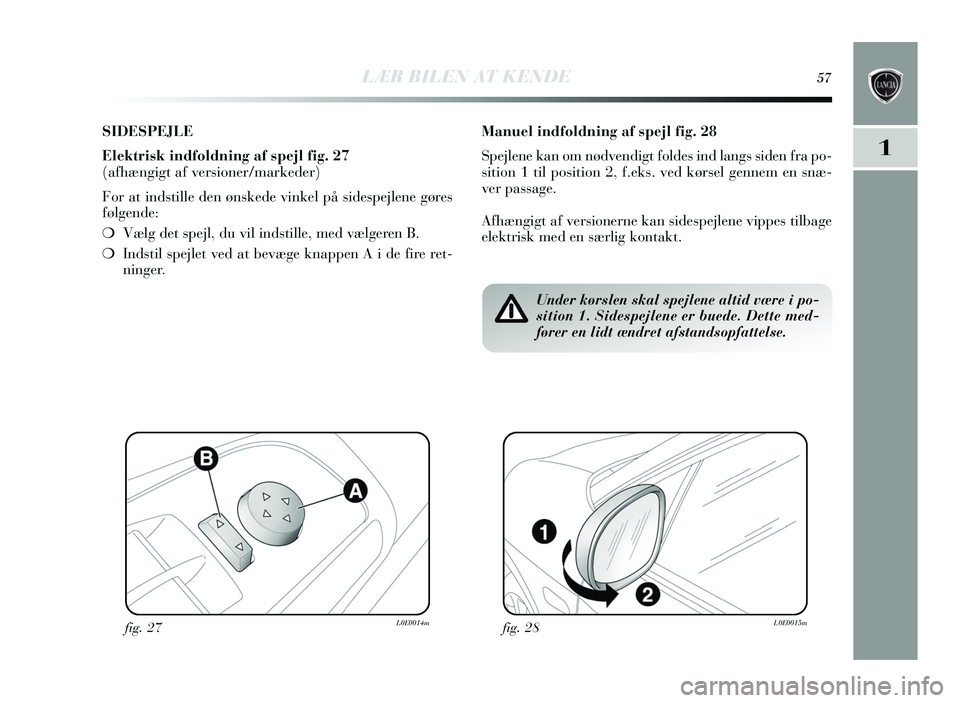 Lancia Delta 2015  Brugs- og vedligeholdelsesvejledning (in Danish) LÆR BILEN AT KENDE57
1
SIDESPEJLE
Elektrisk indfoldning af spejl fi g. 27
(afhængigt af versioner/markeder)
For at inds tille den øns kede vinkel på s idespejlene gøres
følgende:
❍ Vælg det s