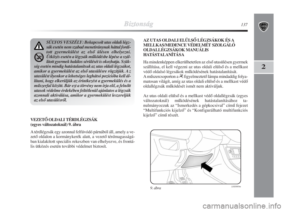 Lancia Delta 2009  Kezelési és karbantartási útmutató (in Hungarian) Biztonság137
2
VEZETÃ OLDALI TÉRDLÉGZSÁK 
(egyes változatoknál) 9. ábra
A térdlégzsák egy azonnal felfúvódó párnából áll, amely a ve-
zetŒ oldalon a kormánykerék alatt, a vezetŒ 