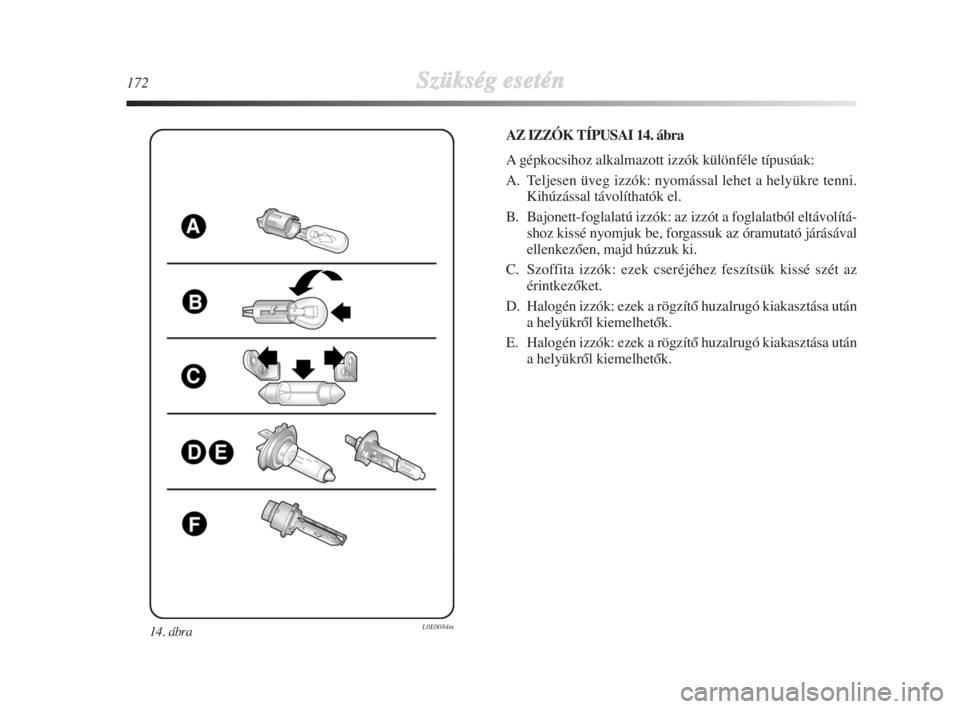 Lancia Delta 2009  Kezelési és karbantartási útmutató (in Hungarian) 172Szükség esetén
14. ábraL0E0084m
AZ IZZÓK TÍPUSAI 14. ábra
A gépkocsihoz alkalmazott izzók különféle típusúak:
A.  Teljesen üveg izzók: nyomással lehet a helyükre tenni. 
Kihúzás
