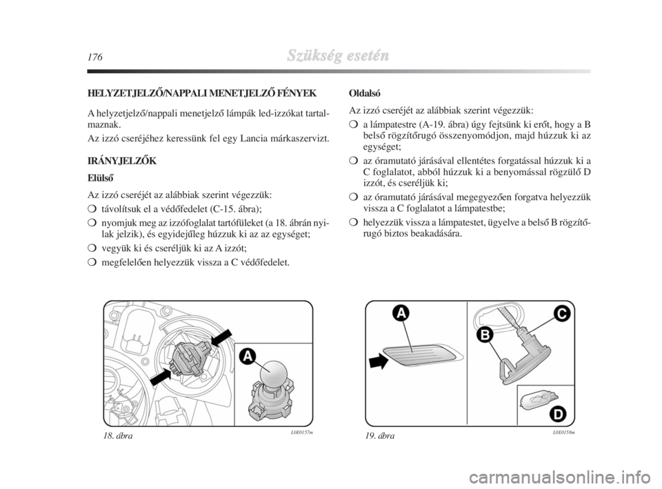 Lancia Delta 2009  Kezelési és karbantartási útmutató (in Hungarian) 176Szükség esetén
HELYZETJELZÃ/NAPPALI MENETJELZÃ FÉNYEK
A helyzetjelzŒ/nappali menetjelzŒ lámpák led-izzókat tartal-
maznak.
Az izzó cseréjéhez keressünk fel egy Lancia márkaszervizt.