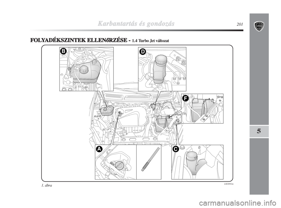 Lancia Delta 2009  Kezelési és karbantartási útmutató (in Hungarian) Karbantartás és gondozás201
5
FOLYADÉKSZINTEK ELLENŒRZÉSE - 1.4 Turbo Jet változat
1. ábraL0E0092m
193-220 Delta 2ed HU  10-09-2008  13:55  Pagina 201 