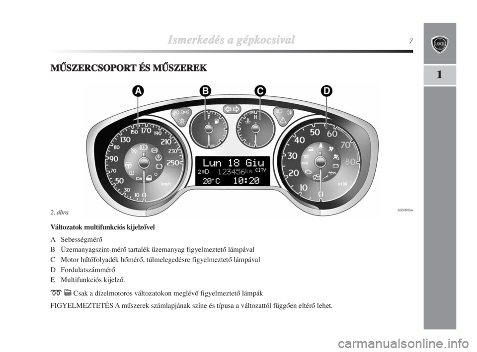 Lancia Delta 2009  Kezelési és karbantartási útmutató (in Hungarian) Ismerkedés aa ggépkocsival7
1MMÙSZERCSOPORTÉS MMÙSZEREK
Változatok multifunkciós kijelzŒvel
A SebességmérŒ
B Üzemanyagszint-mérŒ tartalék üzemanyag figyelmeztetŒ lámpával
C Motor h�