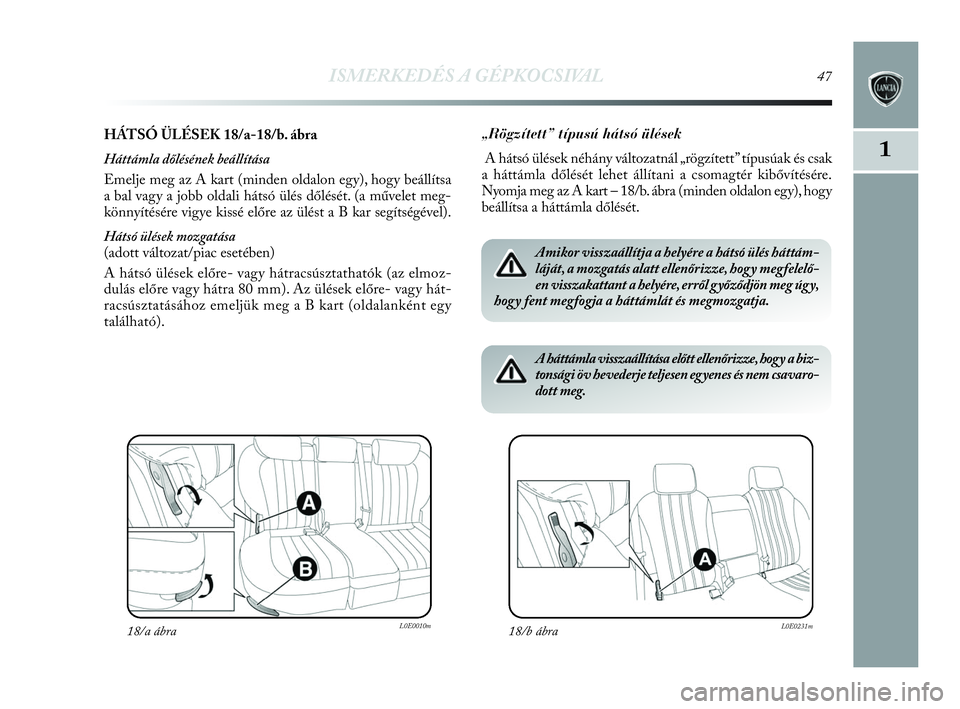 Lancia Delta 2010  Kezelési és karbantartási útmutató (in Hungarian) ISMERKEDÉS A GÉPKOCSIVAL47
1
HÁTSÓ ÜLÉSEK 18/a-18/b. ábra
Háttámla dőlésének beállítása
Emelje meg az A kart (minden oldalon egy), hogy beállítsa
a bal vagy a jobb oldali hátsó ül�