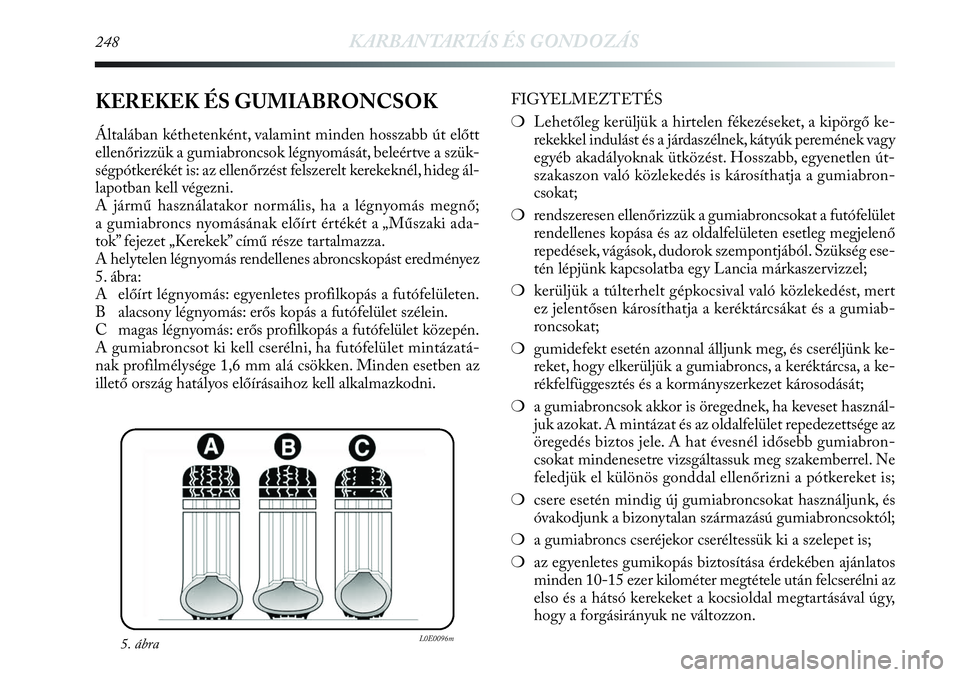 Lancia Delta 2013 Kezelési és karbantartási útmutató (in Hungarian) 248KARBANTARTÁS ÉS GONDOZÁS
KEREKEK ÉS GUMIABRONCSOK
Általában kéthetenként, valamint minden hosszabb út előtt
ellenőrizzük a gumiabroncsok légnyomását, beleértve a szük-
ségpótker Lancia Delta 2013 Kezelési és karbantartási útmutató (in Hungarian) 248KARBANTARTÁS ÉS GONDOZÁS
KEREKEK ÉS GUMIABRONCSOK
Általában kéthetenként, valamint minden hosszabb út előtt
ellenőrizzük a gumiabroncsok légnyomását, beleértve a szük-
ségpótker