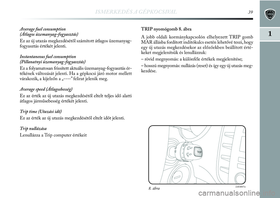 Lancia Delta 2013  Kezelési és karbantartási útmutató (in Hungarian) ISMERKEDÉS A GÉPKOCSIVAL39
1
Average fuel consumption 
(Átlagos üzemanyag-fogyasztás)
Ez az új utazás megkezdésétől számított átlagos üzemanyag-
fogyasztás értékét jelenti.
Instantan