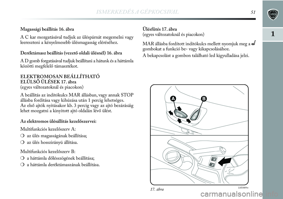 Lancia Delta 2013 Kezelési és karbantartási útmutató (in Hungarian) ISMERKEDÉS A GÉPKOCSIVAL51
1
Magassági beállítás 16. ábra
A C kar mozgatásával tudjuk az üléspárnát megemelni vagy
leereszteni a kényelmesebb ülésmagasság eléréséhez.
Deréktámasz Lancia Delta 2013 Kezelési és karbantartási útmutató (in Hungarian) ISMERKEDÉS A GÉPKOCSIVAL51
1
Magassági beállítás 16. ábra
A C kar mozgatásával tudjuk az üléspárnát megemelni vagy
leereszteni a kényelmesebb ülésmagasság eléréséhez.
Deréktámasz