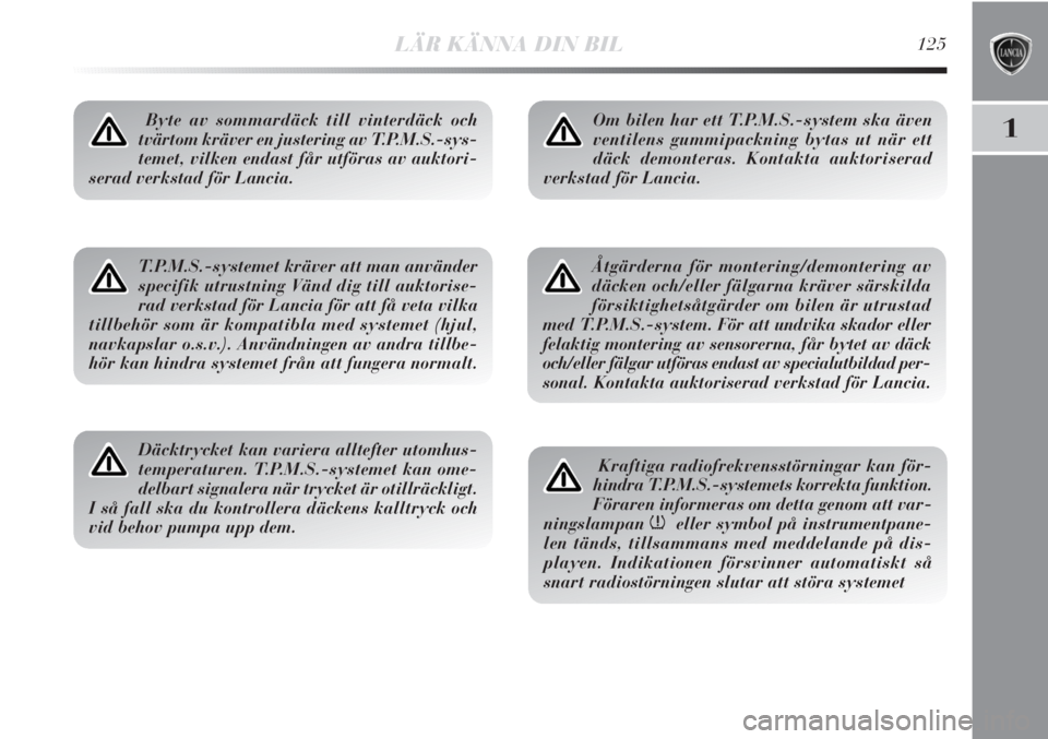 Lancia Delta 2010  Drift- och underhållshandbok (in Swedish) LÄR KÄNNA DIN BIL125
1Byte av sommardäck till vinterdäck och
tvärtom kräver en justering av T.P.M.S.-sys-
temet, vilken endast får utföras av auktori-
serad verkstad för Lancia.
T.P.M.S.-syst