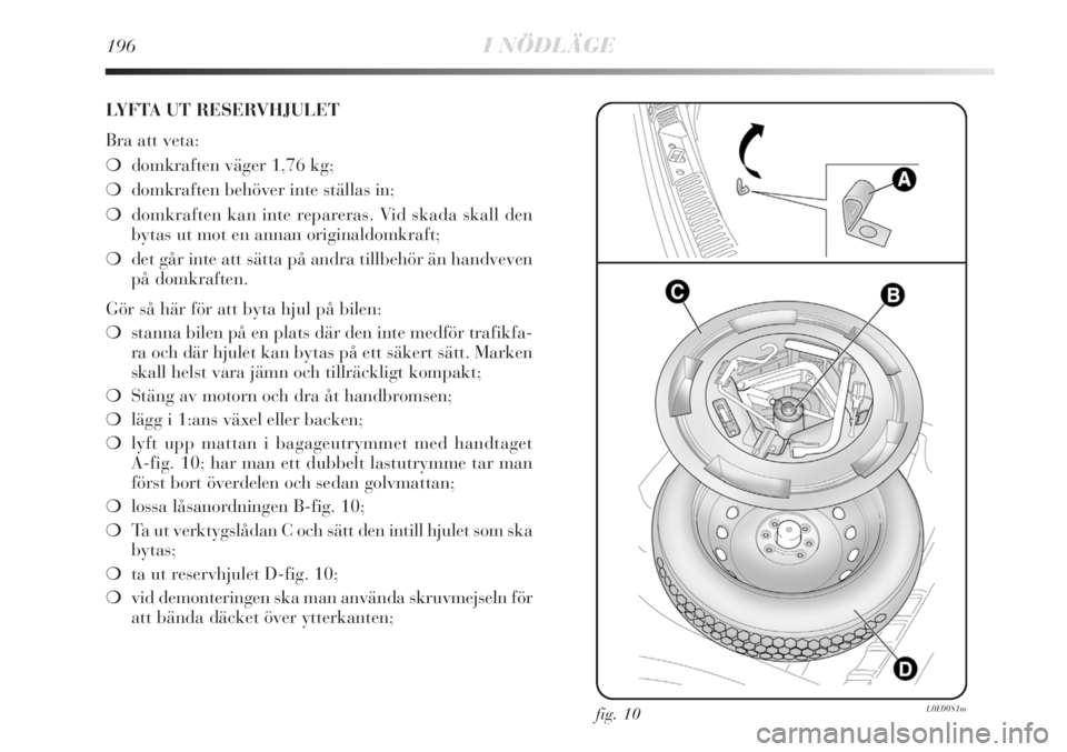 Lancia Delta 2010  Drift- och underhållshandbok (in Swedish) 196I NÖDLÄGE
LYFTA UT RESERVHJULET
Bra att veta:
❍domkraften väger 1,76 kg;
❍domkraften behöver inte ställas in;
❍domkraften kan inte repareras. Vid skada skall den
bytas ut mot en annan or