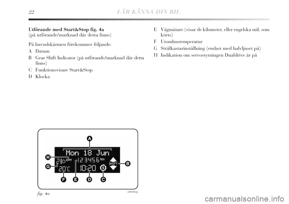 Lancia Delta 2011  Drift- och underhållshandbok (in Swedish) 22LÄR KÄNNA DIN BIL
Utförande med Start&Stop fig. 4a
(på utförande/marknad där detta finns)
På huvudskärmen förekommer följande:
A Datum
B Gear Shift Indicator (på utförande/marknad där d