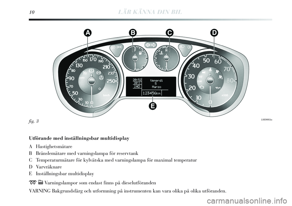 Lancia Delta 2012 Drift- och underhållshandbok (in Swedish) 10LÄR KÄNNA DIN BIL
Utförande med inställningsbar multidisplay
A Hastighetsmätare
B Bränslemätare med varningslampa för reservtank
C Temperaturmätare för kylvätska med varningslampa för m Lancia Delta 2012 Drift- och underhållshandbok (in Swedish) 10LÄR KÄNNA DIN BIL
Utförande med inställningsbar multidisplay
A Hastighetsmätare
B Bränslemätare med varningslampa för reservtank
C Temperaturmätare för kylvätska med varningslampa för m