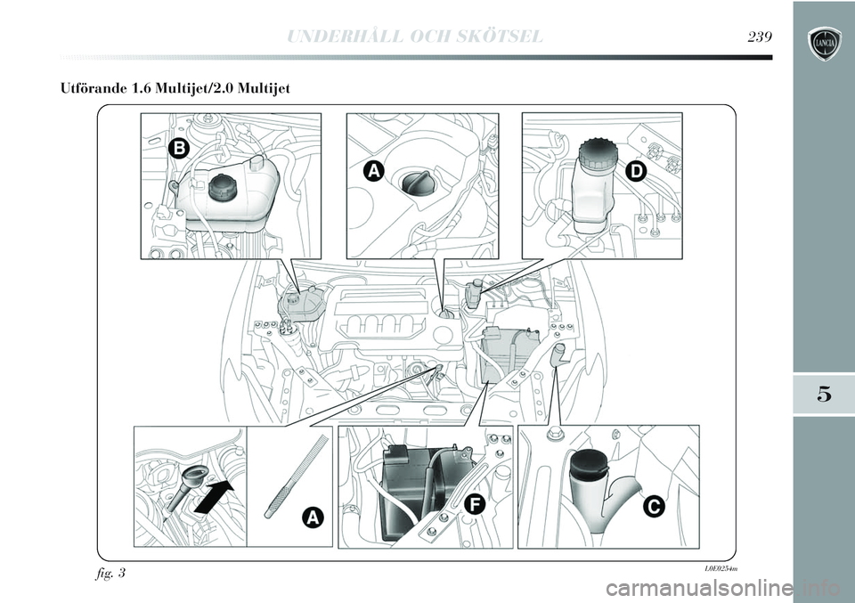 Lancia Delta 2012  Drift- och underhållshandbok (in Swedish) UNDERHÅLL OCH SKÖTSEL239
5
Utförande 1.6 Multijet/2.0 Multijet
fig. 3L0E0254m 