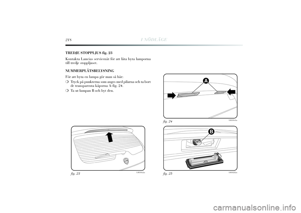 Lancia Delta 2014  Drift- och underhållshandbok (in Swedish) 218
I NÖDLÄGE
TREDJE STOPPLJUS fig. 23
Kontakta Lancias servicenät för att låta byta lamporna
till tredje stoppljuset.
NUMMERPLÅTSBELYSNING
För att byta en lampa gör man så här:
❍Tryck på