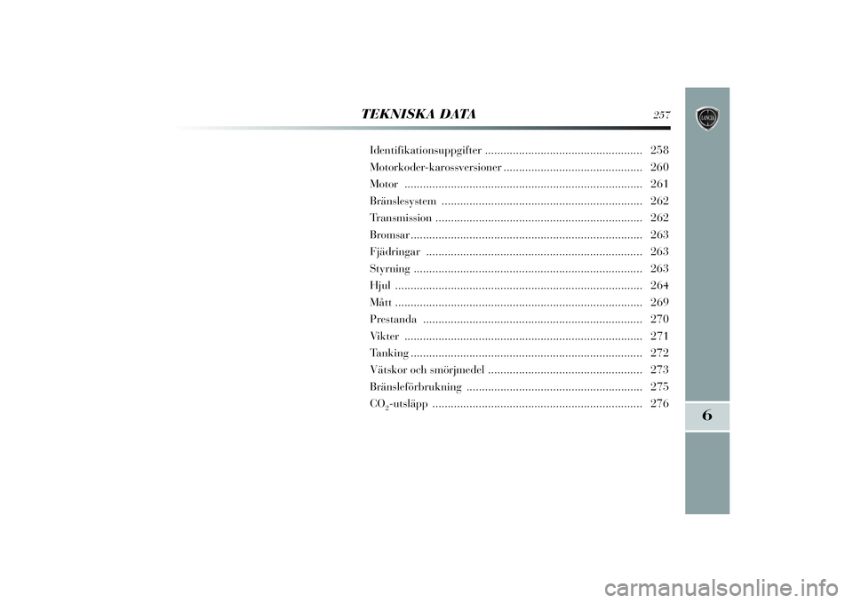 Lancia Delta 2014  Drift- och underhållshandbok (in Swedish) 6
TEKNISKA DATA
257
Identifikationsuppgifter ...................................................258
Motorkoder-karossversioner.............................................260
Motor  ..................
