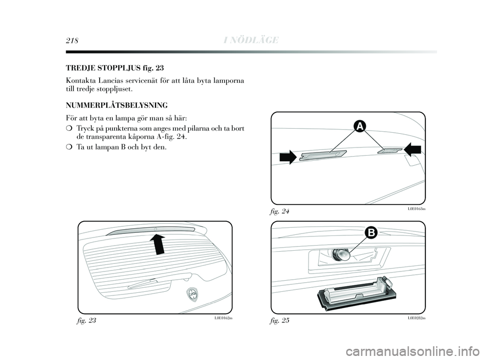Lancia Delta 2015  Drift- och underhållshandbok (in Swedish) 218I NÖDLÄGE
TREDJE STOPPLJUS fig. 23
Kontakta Lancias servicenät för att låta byta lamporna
till tredje stoppljuset.
NUMMERPLÅTSBELYSNING
För att byta en lampa gör man så här:
❍Tryck på 