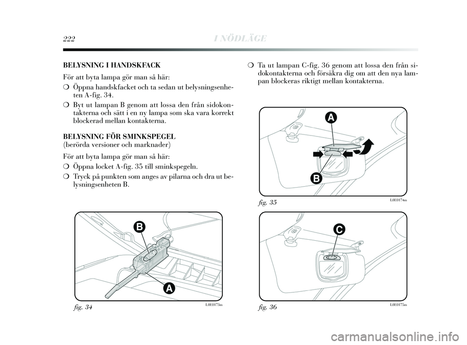 Lancia Delta 2015  Drift- och underhållshandbok (in Swedish) 222I NÖDLÄGE
fig. 34L0E0173mfig. 36L0E0175m
fig. 35L0E0174m
BELYSNING I HANDSKFACK
För att byta lampa gör man så här:
❍Öppna handskfacket och ta sedan ut belysningsenhe-
ten A-fig. 34.
❍ By