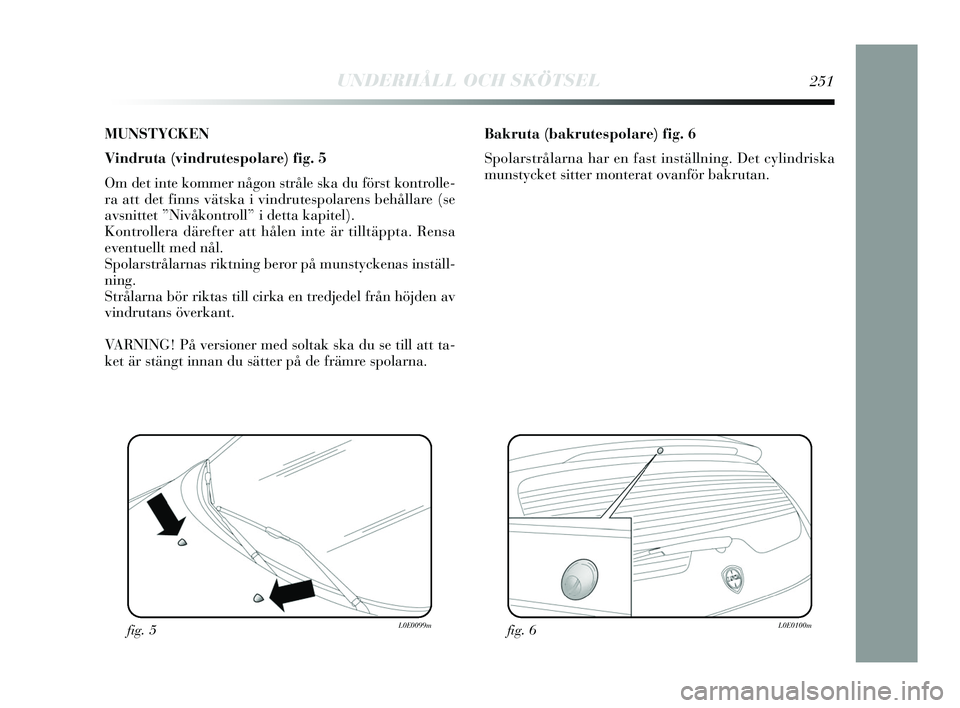 Lancia Delta 2015  Drift- och underhållshandbok (in Swedish) MUNSTYCKEN
Vindruta (vindrutespolare) fig. 5
Om det inte kommer någon stråle ska du först kontrolle-
ra att det finns vätska i vindrutespolarens behållare (se
avsnittet ”Nivåkontroll” i dett