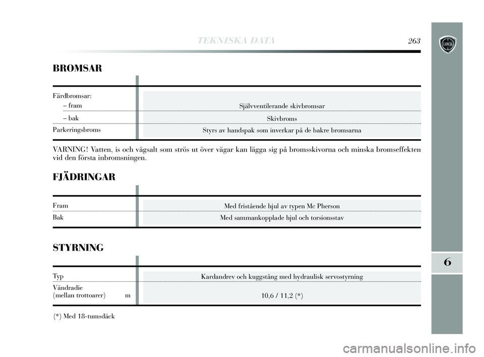 Lancia Delta 2015  Drift- och underhållshandbok (in Swedish) TEKNISKA DATA263
6
Självventilerande skivbromsarSkivbroms
Styrs av handspak som inverkar på de bakre bromsarna
BROMSAR
VARNING! Vatten, is och vägsalt som strös ut över vägar kan lägga s\
ig p