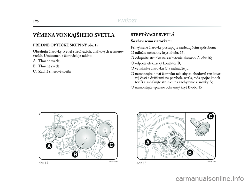 Lancia Delta 2010 Návod na použitie a údržbu (in Slovak) 196V NÚDZI
VÝMENA VONKAJŠIEHO SVETLA
PREDNÉ OPTICKÉ SKUPINY obr. 15
Obsahujú žiarovky svetiel stretávacích, diaľkových a smero-
vacích. Umiestnenie žiaroviek je takéto:
A. Tlmené svetl Lancia Delta 2010 Návod na použitie a údržbu (in Slovak) 196V NÚDZI
VÝMENA VONKAJŠIEHO SVETLA
PREDNÉ OPTICKÉ SKUPINY obr. 15
Obsahujú žiarovky svetiel stretávacích, diaľkových a smero-
vacích. Umiestnenie žiaroviek je takéto:
A. Tlmené svetl