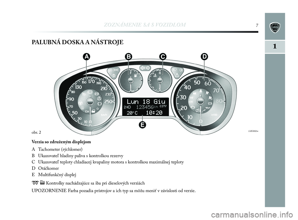 Lancia Delta 2010  Návod na použitie a údržbu (in Slovak) 1
ZOZNÁMENIE SA S VOZIDLOM7
PALUBNÁ DOSKA A NÁSTROJE 
Verzia so združeným displejom 
A Tachometer (rýchlomer)
B Ukazovateľ hladiny paliva s kontrolkou rezervy
C Ukazovateľ teploty chladiacej k